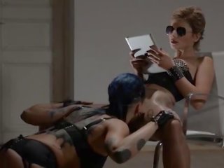Tatto lezzs enjoying sex video with strap on